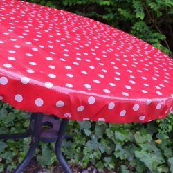 Rund voksdug med elastik 60 cm Rd med Rosa Prikker