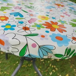 Rund voksdug med hvid bund og blomster - Elastik 60 cm - OUTLET