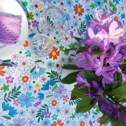 Rund voksdug med hvid bund og blomster - Elastik 60 cm - OUTLET