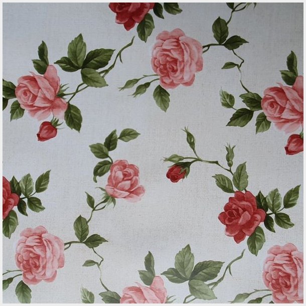 Rund voksdug med hvid bund og rosa roser - Elastik �60 cm - OUTLET