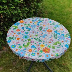 Rund voksdug med hvid bund og blomster - Elastik 60 cm - OUTLET