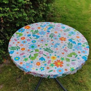 Rund voksdug med hvid bund og blomster - Elastik 60 cm - OUTLET