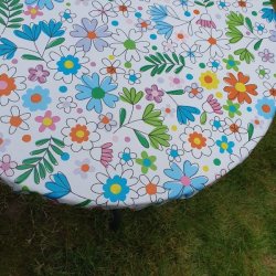 Rund voksdug med hvid bund og blomster - Elastik 60 cm - OUTLET