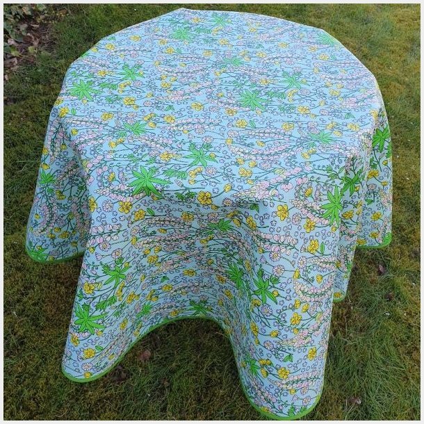 Rund voksdug med Kanteb�nd 140 cm Gr�n/Gul/Rosa Blomster