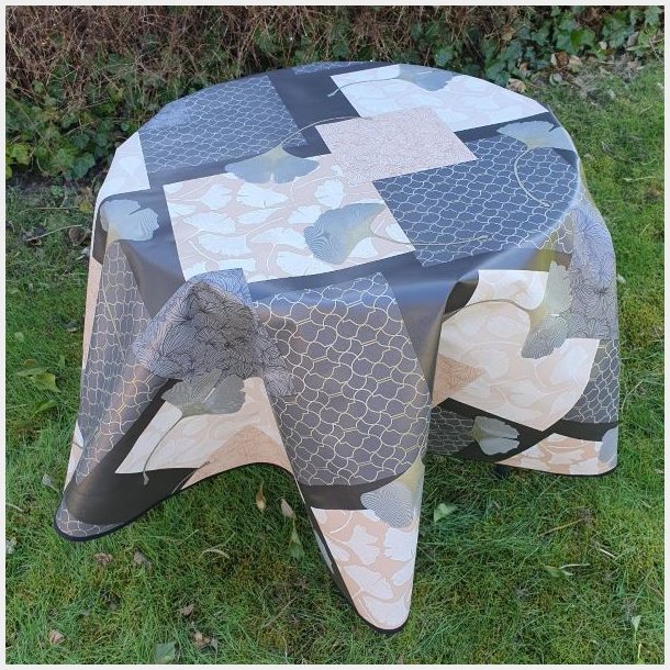 Rund voksdug �139 Sort med Ginko Blade og Abrikos Nuancer