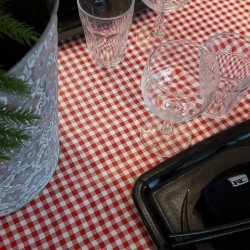 Klassisk ternet voksdug i rd og hvid