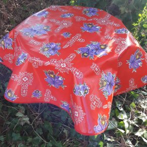 Rund voksdug 120 cm Rd med Lilla Blomster