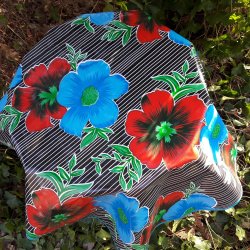 Rund voksdug 120 cm Sort med Turkis Blomster