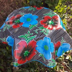 Rund voksdug 120 cm Sort med Turkis Blomster