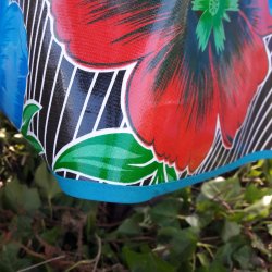 Rund voksdug 120 cm Sort med Turkis Blomster