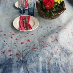 Bl Blomsterdis med Rosa Blomster Voksdug 140 cm