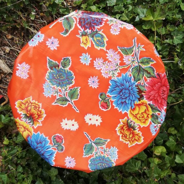 Rund voksdug med Elastik Orange Blomst 119 cm