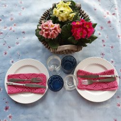 Bl Blomsterdis med Rosa Blomster Voksdug 140 cm